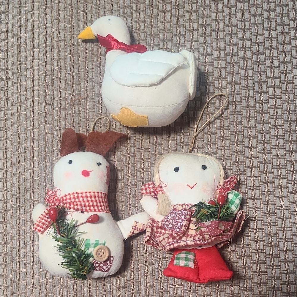 Christmas Fabric Ornaments Set of 3 Goose Child Pet Folk Art Country Decorations